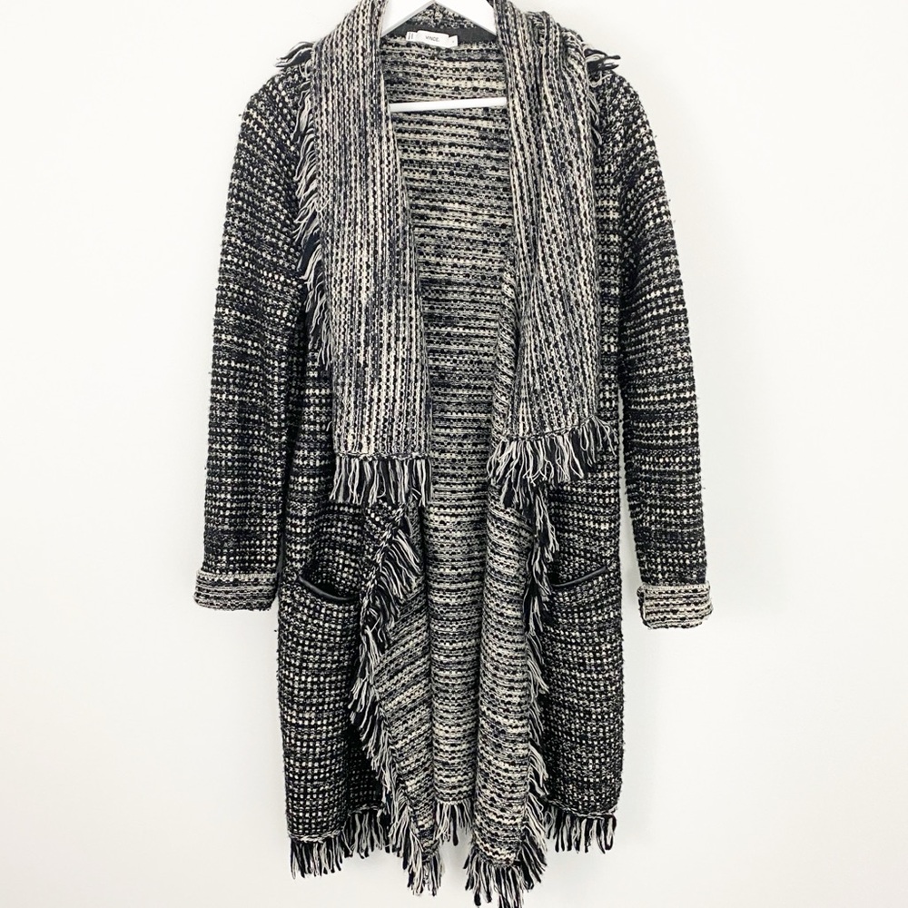 Vince size S Knit Fringe Black and White Long Cardigan Sweater Coat Jacket